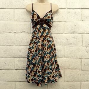Vintage Amani Y2K Geometric Scallop Print Cami Midi Dress Brown Teal